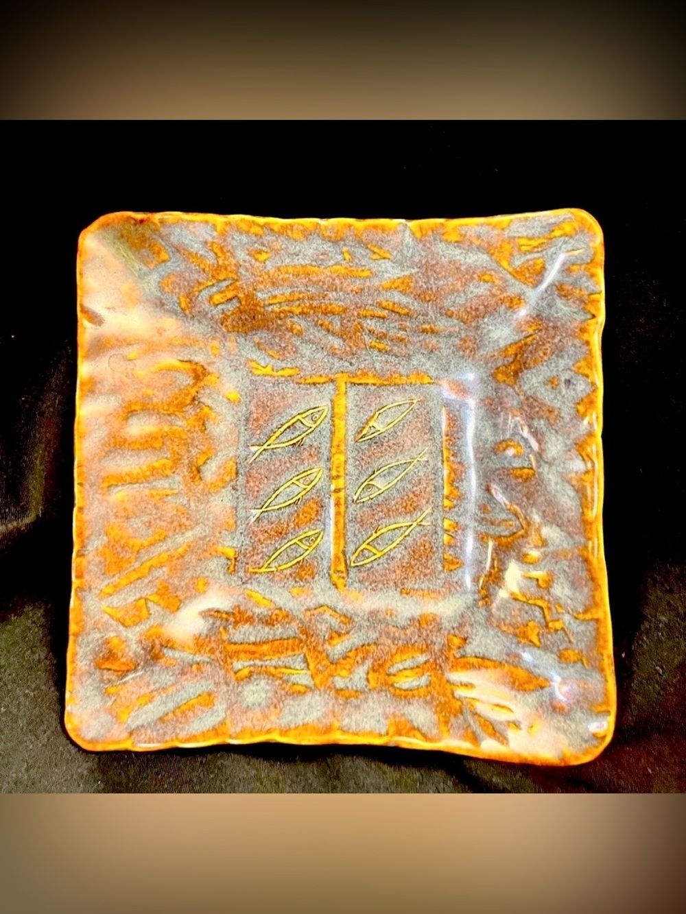 Artisan Signed Studio Pottery Christian Fish Trinket Dish Square Tray 4.5"